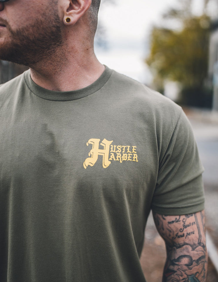 "Hustle Harder" Military Green tee - Mystérieux Brand