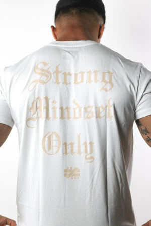 
            
                Load image into Gallery viewer, &amp;quot;Strong Mindset Only&amp;quot; White Curve Hem Tee - Mystérieux Brand
            
        