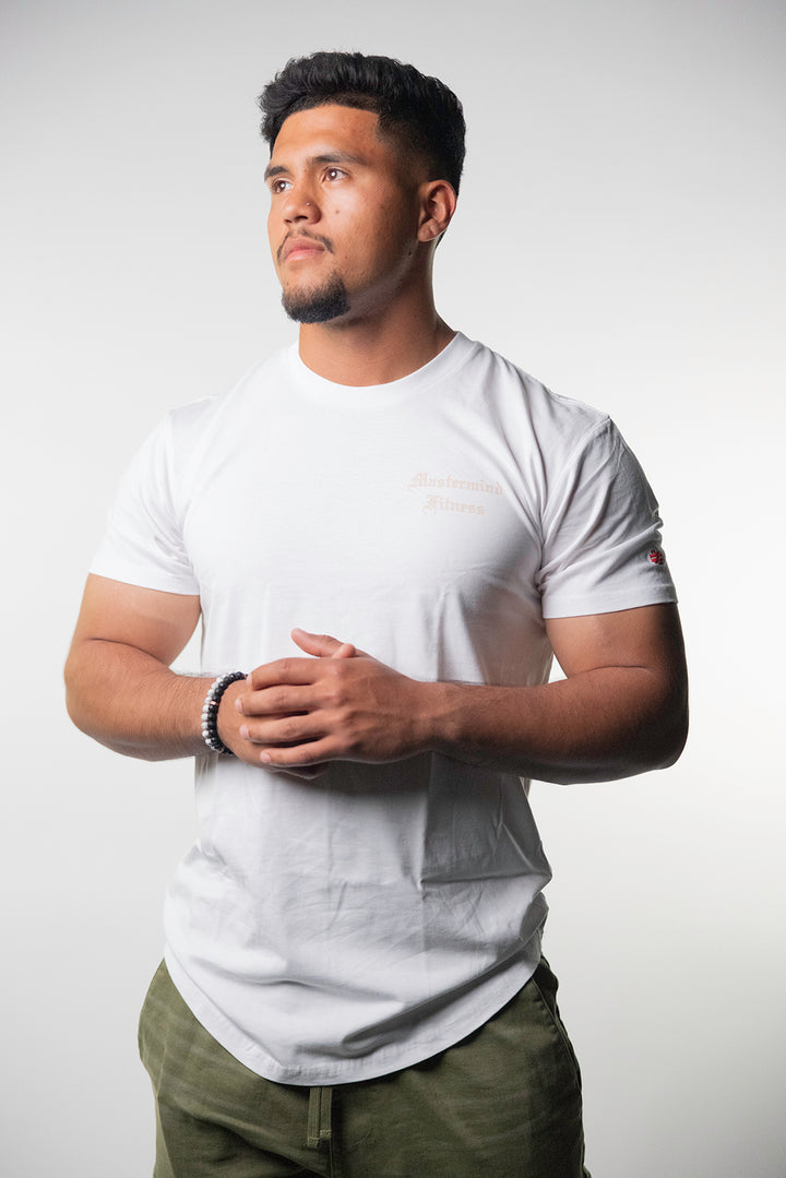 "Strong Mindset Only" White Curve Hem Tee - Mystérieux Brand